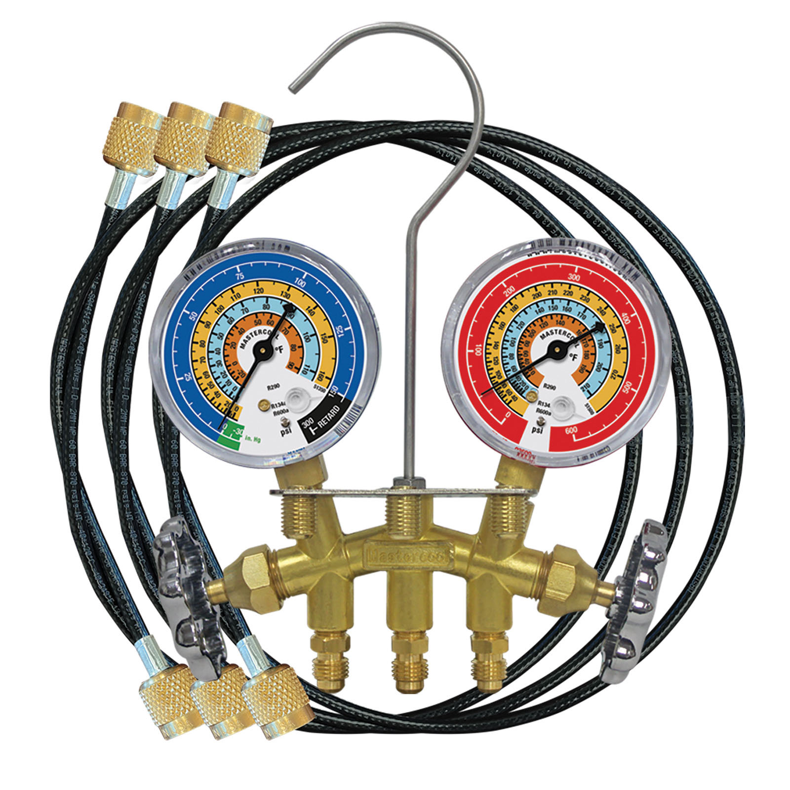 Mastercool 2-Way Brass Charging Manifold With 24" Hoses – R600a R290 R134a HVAC Tool